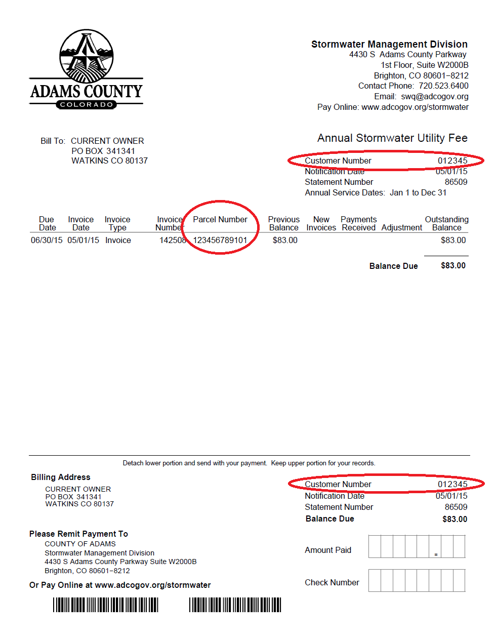 For help locating your customer number or parcel number on your bill, hover over this image.